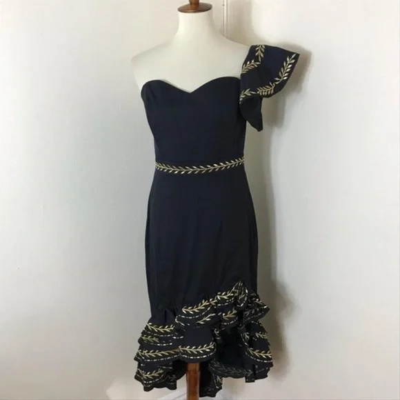 Caroline Constas Black Gold Cam Ruffle Embroidered Dress XS 0 - Picture 6 of 8